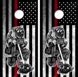 Kneeling Firefighter Cornhole Wood Board Skin Wrap Ripper Graphics