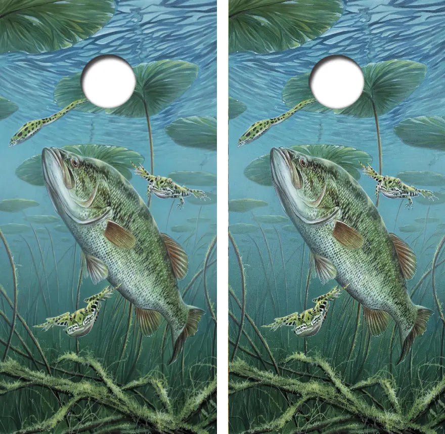 Largemouth Bass With Frogs Cornhole Wrap Decal with Free Laminate Included Ripper Graphics