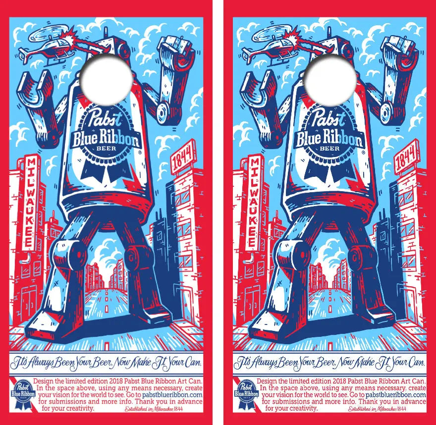 Pabst Blue Ribbon Angry Robot Cornhole Wrap Decal with Free Laminate Included Ripper Graphics
