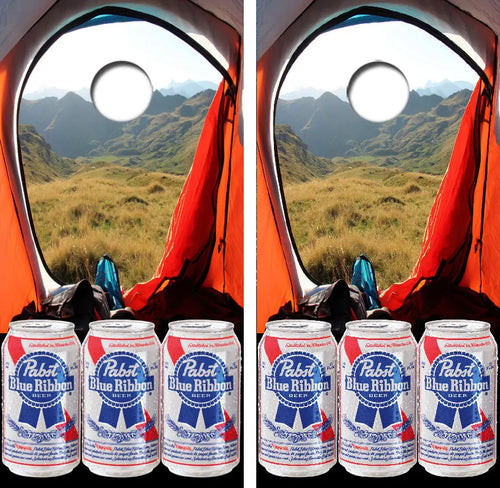 Pabst Blue Ribbon Camping Cornhole Wrap Decal with Free Laminate Included Ripper Graphics