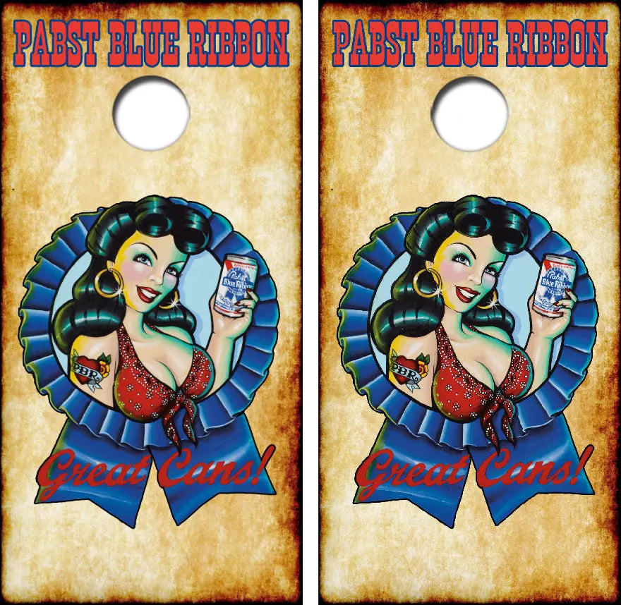 Pabst Blue Ribbon Nice Cans Pin Up Cornhole Wrap Decal with Free Laminate Included Ripper Graphics