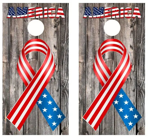 Patriotic American Flag and Ribbon Barnwood Cornhole Wood Board Skin Wrap Ripper Graphics