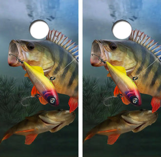 Perch Striking A Lure Cornhole Wrap Decal with Free Laminate Included Ripper Graphics