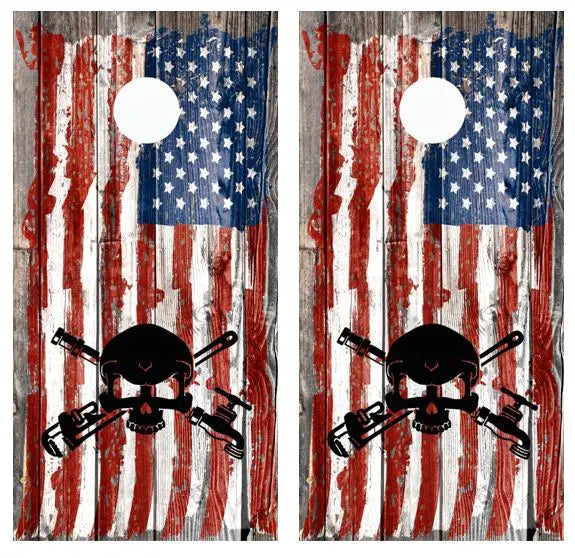 Pipe Fitter Skull American Flag Barnwood Cornhole Wood Board Skin Wrap Ripper Graphics