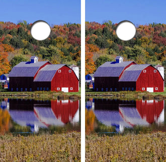 Red Barn Reflection In Pond Cornhole Wrap Decal with Free Laminate Included Ripper Graphics
