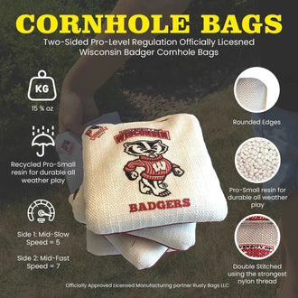 Red/White Wisconsin Badger Cornhole Bags Two-Sided Pro-Level Regulation - Officially Licensed KT Cornhole Wraps and Boards