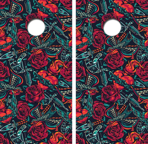 Retro Art Roses, Bird & Knife Cornhole Wrap Decal with Free Laminate Included Ripper Graphics