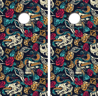 Retro Art Skull, Snake, Roses, & Dice Cornhole Wrap Decal with Free Laminate Included Ripper Graphics
