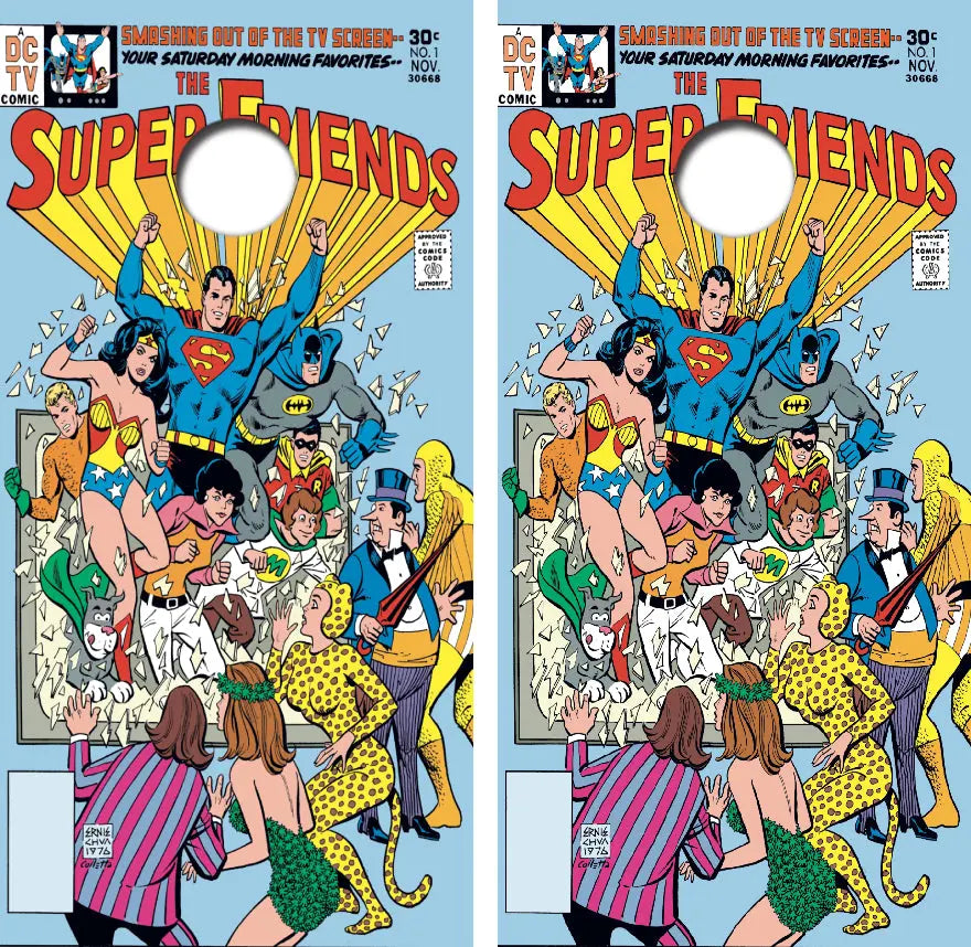 Super Friends Comic Book Cover Cornhole Wrap Decal with Free Laminate Included Ripper Graphics