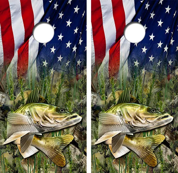 Walleye Fish American Flag Cornhole Wood Board Skin Wrap Ripper Graphics