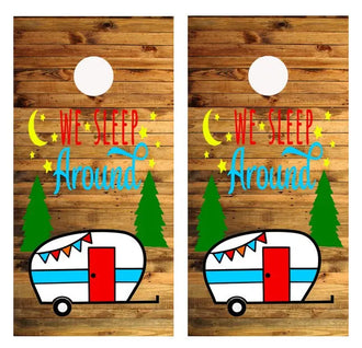 We Sleep Around Camping Cornhole Wrap Decal with Free Laminate Included Ripper Graphics