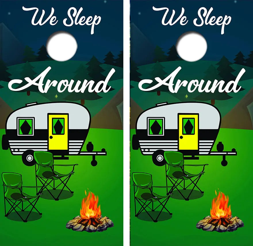 We Sleep Around Cornhole Wrap Decal with Free Laminate Included Ripper Graphics