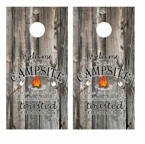 Welcome to Our Campsite Barnwood Cornhole Wood Board Skin Wraps Ripper Graphics