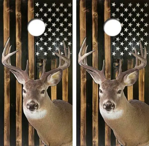 White Tail Deer Rustic American Flag Cornhole Wood Board Skin Wraps Ripper Graphics