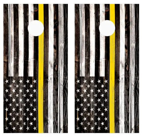 Yellow Line Flag Dispatchers Barnwood Cornhole Wood Board Skin Wrap Ripper Graphics