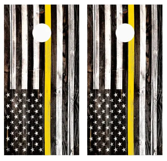 Yellow Line Flag Dispatchers Barnwood Cornhole Wood Board Skin Wrap Ripper Graphics